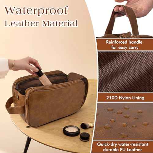 Toiletry Bag for Men,Large Leather Dopp Kit & Travel Organizer, Water-Resistant Shaving Bag for Traveling Gift for Him (Brown)