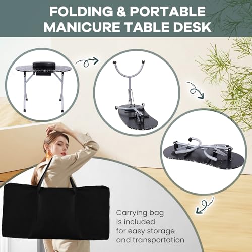 WELLHUT Portable Manicure Table with Lockable Wheels & Carrying Bag