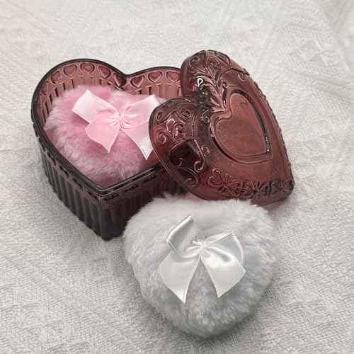 Body Powder Puff and Container - Glass Heart Dusting Powder Container with 2 Soft Puffs Vintage Powder Puff Case for Women & Girls-GRB007-Red