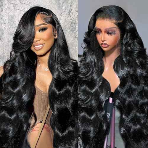 13x6 Lace Front Wigs Human Hair 180% Density HD Transparent Body Wave Lace Front Wigs Human Hair Body Wave Glueless Frontal Wig Human Hair for Women Pre Plucked with Baby Hair Natural Black