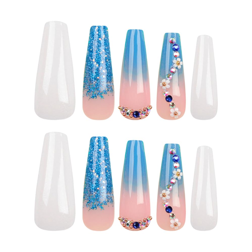 DOCVOEOMH Press on Nails Long Coffin Ombre Blue Acrylic Fake Nails with 3D Flower Design Rhinestones Glitter Glue on Glossy Full Cover Artificial Gel False Stick on Nail for Girls Women Wedding 24Pcs