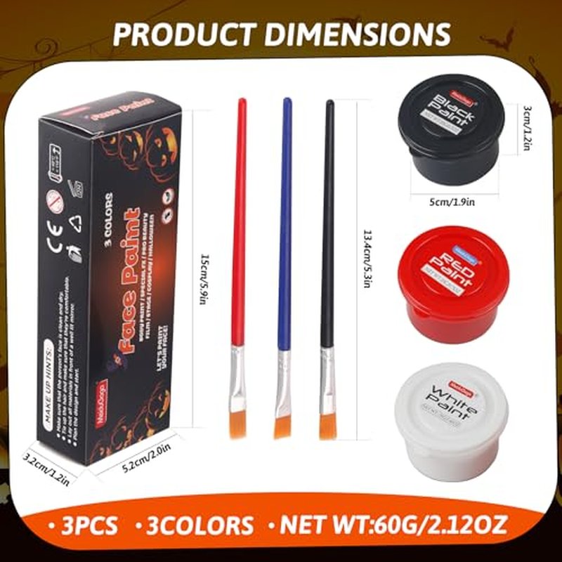3 Color water-based Face Body Paint Set £¨Black + White + Red )with Brushes Kits Non-Toxic Easy Washable ,for Adults Halloweens Partys Cosplays Joker Zombie Vampire SFX Art Stage Makeup Adults