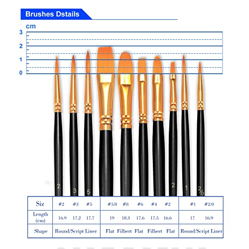 BOSOBO Paint Brushes Set, 10 Pieces Round Pointed Tip Paintbrushes Nylon Hair Artist Acrylic Paint Brushes for Acrylic Oil Watercolor, Face Nail Body Art, Miniature Detailing & Rock Painting, Black