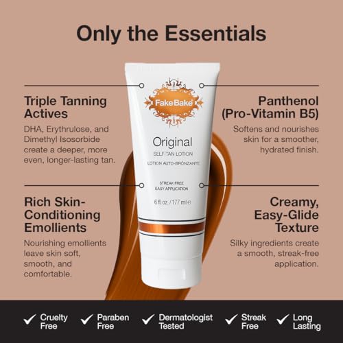Fake Bake Original Self-Tanning Lotion ? Lasting, Natural-Looking Sunless Tanner for All Skin Tones ? Streak-Free, Buildable Color for Women & Men ? 6 oz