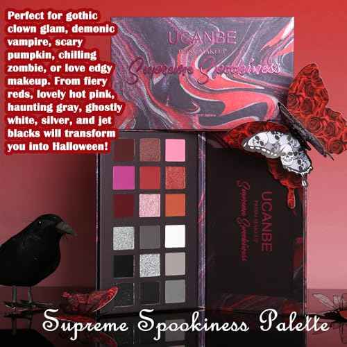 Black Red Goth Smokey Eyeshadow Palette Makeup-18 Colors Gray Silver Pink Burgundy Matte Shimmer Metallic Dark Eye Shadow Pallet for Christmas Halloween Clown Vampire Joker SFX Cosplay Costume Make Up