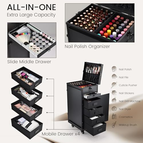 Joligrace Rolling Manicure Table with 5 Drawers - Foldable Nail Desk