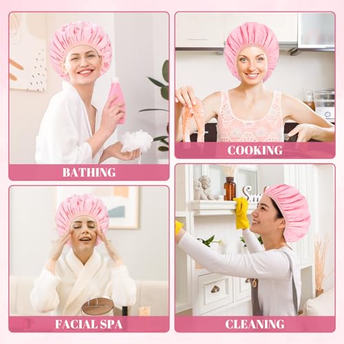 Double-Sided Shower Cap with Cherry Print and Pink Solid - Waterproof Hair Cover