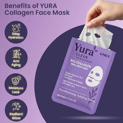 Yura Clean Collagen Face Mask ? Korean Overnight Bio-Collagen Sheet Mask for Glowing, Hydrated & Firm Skin ? Anti-Aging, Moisturizing & Skin Rejuvenation ? 4 Pack ? Ideal Holiday Gift for Women