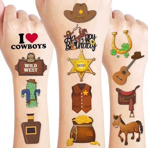 Cowboy First Temporary Tattoos 8 Sheets 78 PCS Western Party Decorations Supplies Favors Horse Rodeo Theme Birthday Cute Stickers Christmas Gifts for Boys Girls Class School Prizes Carnival