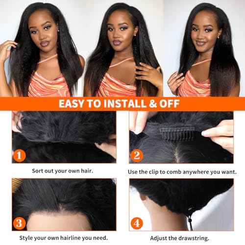 Kinky Straight Half Wig Human Hair 250 Density Yaki Straight Half Wig Headband Wig Human Hair Glueless Wigs Wear And Go Drawstring Seamless Flip Beginner Friendly Wigs for Black Women 20 Inch