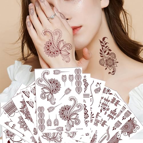 Xmasir 12 Sheets Brown Henna Temporary Tattoo Stickers for Women