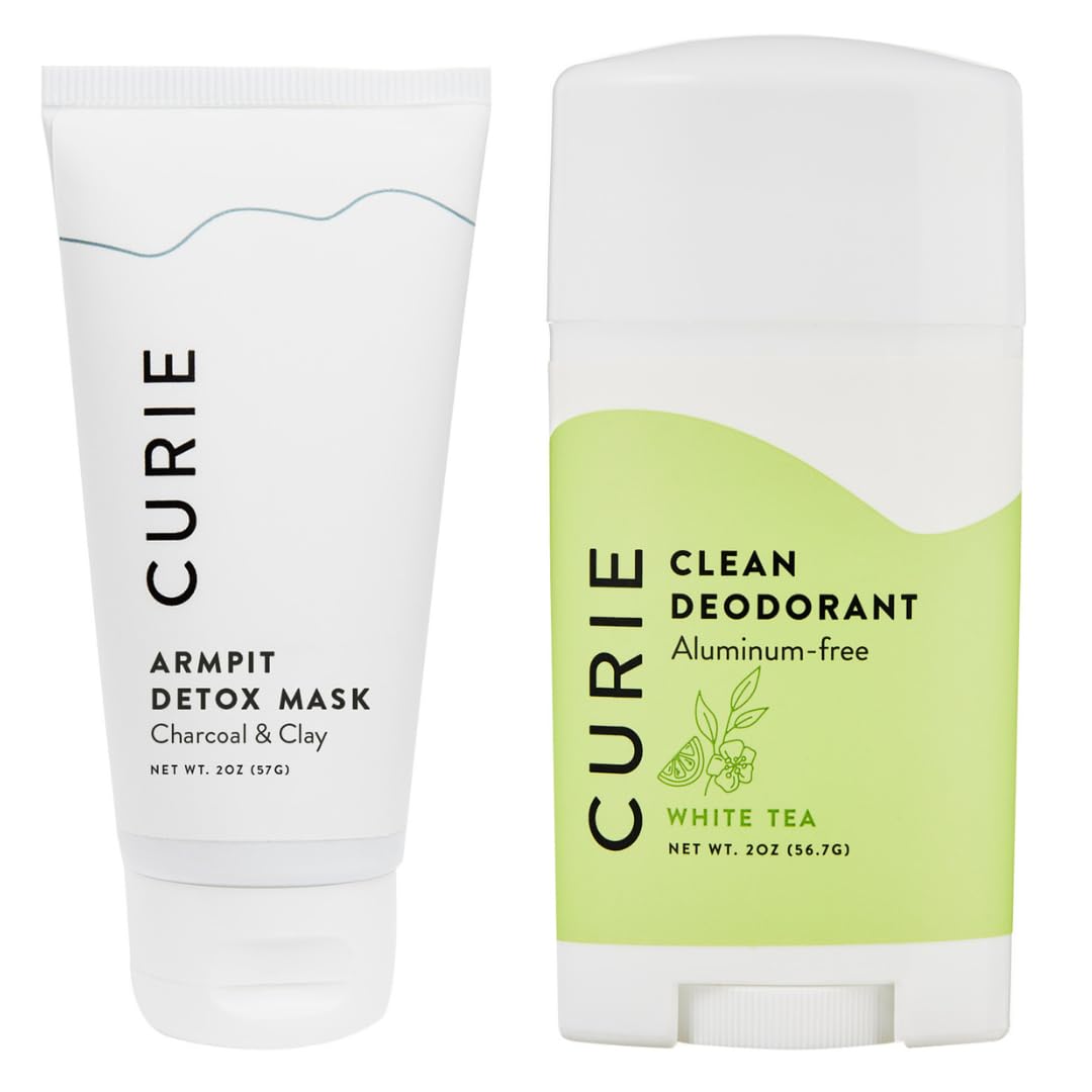 Curie Aluminum Free Deodorant - New Easy Glide Formula - Natural Deodorant, Paraben Free, Cruelty Free, Non-Toxic, White Tea 2oz Stick and Armpit Detox Mask