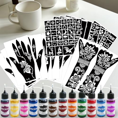 Mandala Temporary Tattoo Stencils Kit - 19 Sheets & 12 Ink Bottles