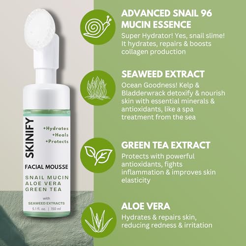 Glass-Skin Snail Mucin Facial Foam Cleanser w/Exfoliator ? Ultra Hydration with Aloe Vera, Green Tea & Seaweed ? All Skin Types Men & women ? Deeply Hydrates, Detoxifies & Protects (5.1 Oz)