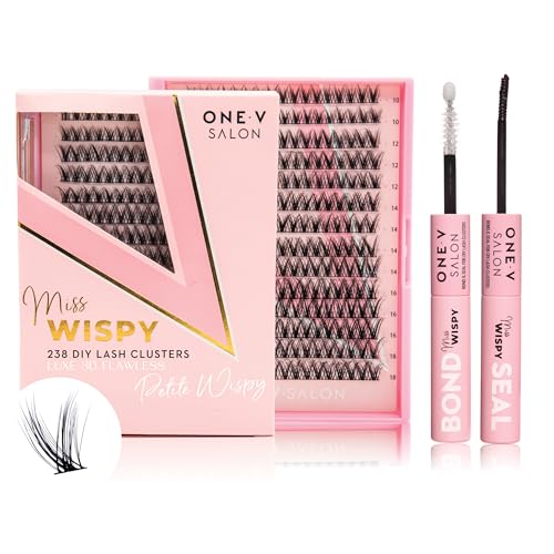 One V Salon Lash Clusters, Miss Wispy 238 Pc, 10-18mm Luxe Lash Petite Wisp Fluffy 3D Eyelash Clusters & Miss Wispy Lash Bond & Seal, 2-in-1 Super-Strong Bond & Seal Lash Glue