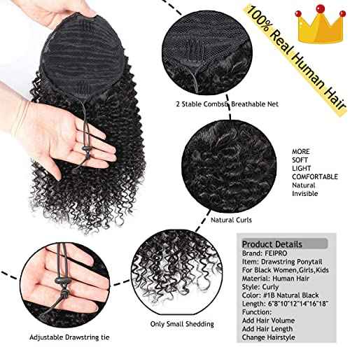 Curly Ponytail Extension Human Hair for Black Women Girls Invisible Kinky Curly Ponytails Afro Puff Drawstring Ponytail Afro Puffs 14 Inch #1B Natural Black