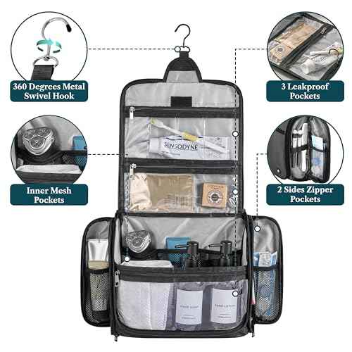PAVILIA Large Hanging Toiletry Bag Travel Bag Women Men, Cosmetic Organizer, Water Resistant Makeup Bag Accessories Toiletries, Travel Essentials Kit, Black