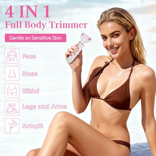 Women's Electric Shaver 4-in-1 - Waterproof Painless Hair Remover for Bikini, Face & Body, Cordless Wet/Dry Trimmer with Nose & Eyebrow Heads, Fast USB-C Charging, Gift for Women
