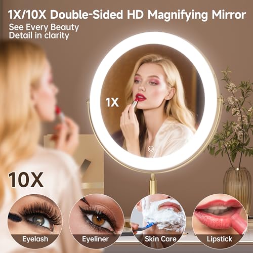11.8" Extra Large Lighted Makeup Mirror, 1X/10X, 2-Sided Magnifying Mirror with 96 LEDs, 3 Color Dimmable Lights, 360¡Æ Swivel, LED Vanity Mirror, White - Great Gift Gold
