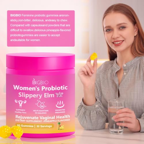 Feminine Probiotics Gummies with Slippery Elm - 400mg Probiotic Blend for pH Balance, Odor & Yeast Support, Sugar-Free Pineapple 60 Count