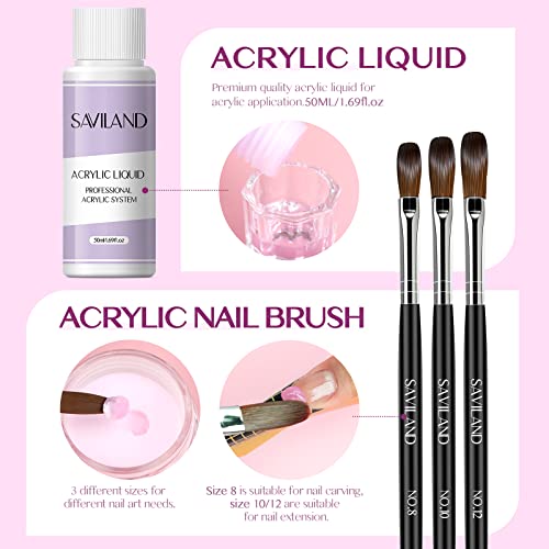 SAVILAND Acrylic Nail Kit with Drill: 3 Colors Acrylic Powder, Nail Liquid, 20,000 RPM Electric Nail File, Brushes & All Essential Tools, Nail Kit for Beginners with Everything for DIY Extension