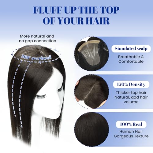 WORLDSTAR 12-Inch Real Human Hair Topper for Women - No Bangs, 150% Density