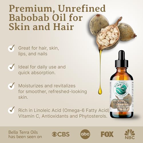 Bella Terra Oils - Baobab Oil 4 oz - Dive into The Essence of African Treasure, Abundant in Antioxidants, Best for Achieving a Silky Skin Glow