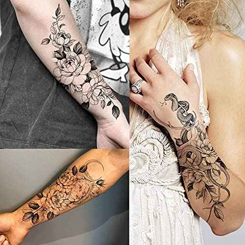 64 Sheets Long Lasting Flower Temporary Fake Tattoos For Women Arm Neck, Jellyfish Sunflower Moon Rose For Adults Girl, 3D Temp Realistic Snake Tatoo Stickers Serpent Peony Floral Kids