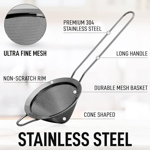 Zulay Kitchen 304 Stainless Steel Fine Mesh Strainer For Kitchen - Sieve Sifters For Food, Tea, Rice, Oil, Noodles, Fruits, Vegetables - Rust-Proof, Easy to Clean Drink Strainer (Black)