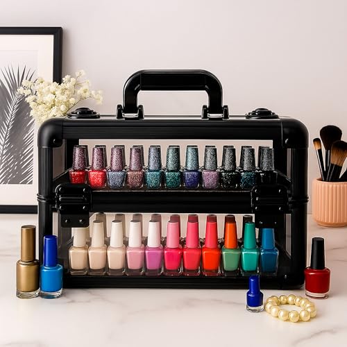 Professional Makeup & Nail Tech Organizer ? Clear Acrylic Case, Holds 94 Bottles, Slide-Out Trays, Lockable Latches ? Portable Storage for Brushes, Polish, Tools & Cosmetics ? Compact & Travel-Ready