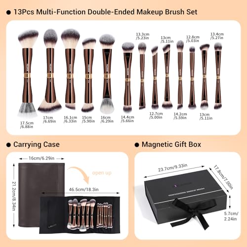MAANGE Makeup Brush Set with Case Double-ended Makeup Brushes for Foundation Contour Liquid Powder Concealer Eye Shadows Cream Cosmetics Blending Blush Makeup Tools (Coffee Brown, 13 PCS)