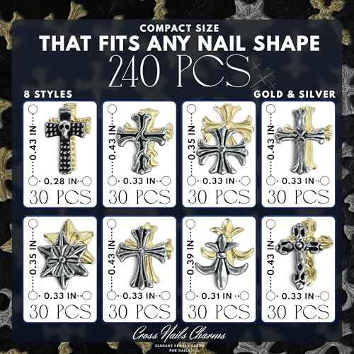Silver and Gold Cross Nail Charms ? 240 Pcs Cross Charms for Nails Crafted from Acrylic & Alloy, Long-Lasting Metallic Shine ? Easy-to-Use Nail Decorations for Home, Salon & Holiday Manicure Ideas