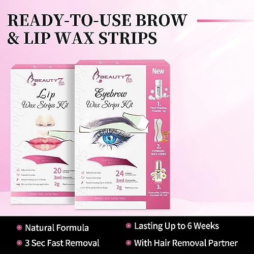 Beauty7 Wax Strips Kit, 2 SETS IN ONE PACKAGE. Eyebrow & Lip Facial Hair Removal with Pearl Powder Essential Oil for All Skin Types Women