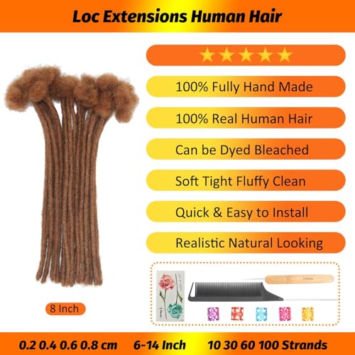 Brown Loc Extensions Human Hair 0.4 cm 8 Inch 30 Strands #30 Dreadlock Extensions Human Hair Loc Extensions Dreads Extensions for Men Women Kids Real Human Hair Locs Handmade Permanent Locs