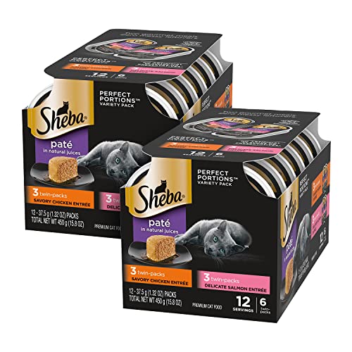 SHEBA Perfect Portions Paté Wet Cat Food Trays (12 Count, 24 Servings), Chicken and Salmon Entrée, Easy Peel Twin-Pack Trays, (Pack of 2)