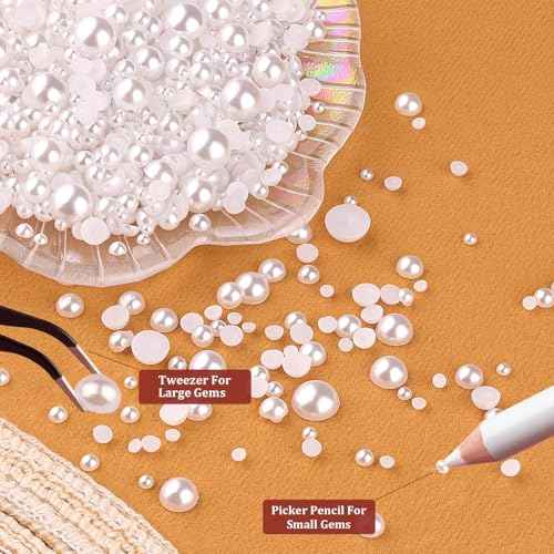 4 Boxes Flatback Pearls for Crafting, Flatback White Half Round Pearls 3-10mm with Pickup Pencil and Tweezer for Home DIY and Professional Nail Art, Face Makeup and Craft