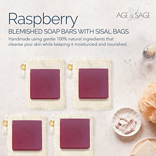 Age of Sage Natural Soap Bar w/Sisal Bag, Vegan Artisan Soap Bar Set for Women, Body Soap in Bar Soap Pouch, Natural Bath Soaps w/Essential Oils, 4 Plain Body Soap Bars, Raspberry