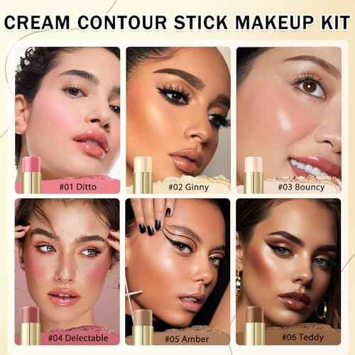 6 Colors Cream Contour Stick Makeup Kit, Double-ended Cream Highlighter Stick Bronzer and Blush Stick for Sculpt the Cheeks, Matte & Dewy Finish, Face Contour Kit for Beginners, Set A
