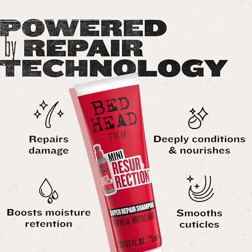 Bed Head by TIGI Resurrection Super Repair Shampoo Travel Mini ? Repairing shampoo for dry, brittle and damaged hair with added moisture and nourishment??, 2.53 fl oz (Pack of 2)