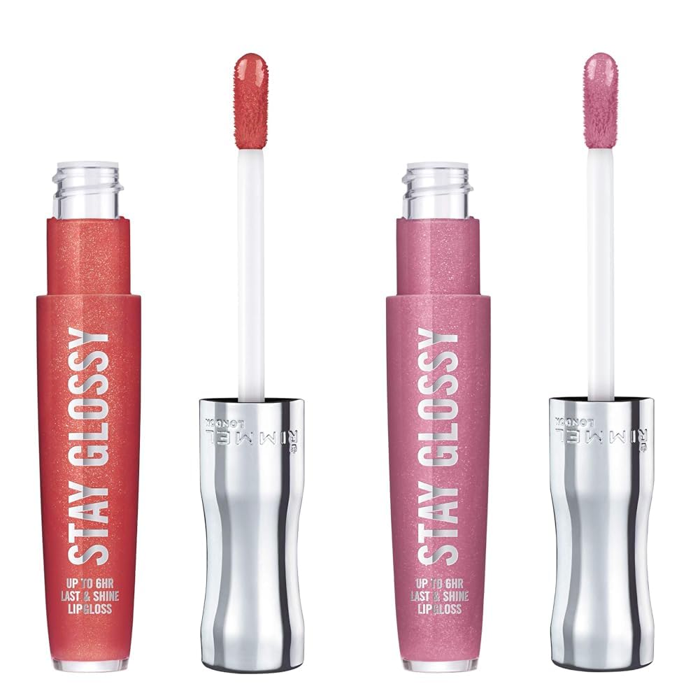 Rimmel Stay Glossy Lip Gloss Bundle - 640 All Day Seduction & 030 Cake for Breakfast, 18oz Each