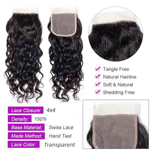 Foruiya Water Wave 4Bundles(50g/bundle) with 4X4 Lace Closure Curly Wave Human Hair Bundles with Lace Closure Brazilian Wet and Wavy Bundles with Closure (12/12/12/12+12" Closure)