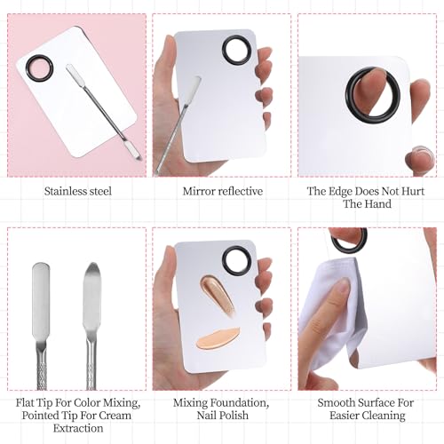 Ouligay 3 Pcs Make Up Spatula Tool Including Makeup Mixing Palette,Foundation Spatula,Makeup Palette Tray,Makeup Accessories Set for Women Girl Korean Makeup Cosmetic Spatula Tool(Metal)