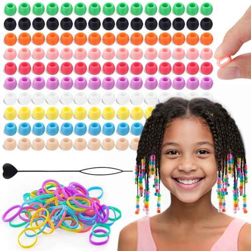 150Pcs 10mm Small Silicone Beads for Hair Braids, Soft Jellyish Pony Hair Beads with 5mm Hole + 50 Rubber Bands and 1 Beader for Braiding, DIY Bracelets Necklaces Crafts (Multicolors)