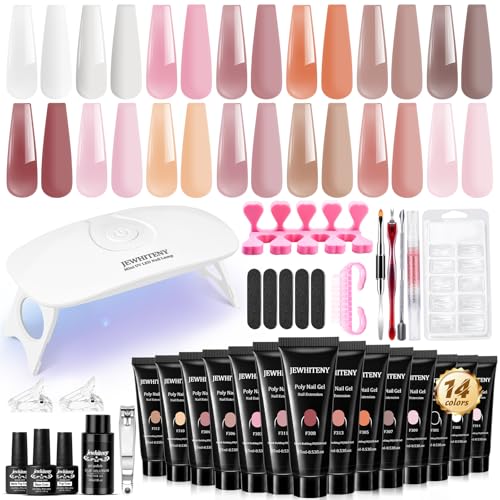 JEWHITENY 14-Color Poly Extension Gel Nail Kit with Mini Lamp & Slip Solution