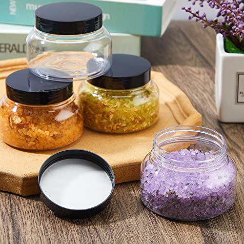 Tessco for you 24 Pack Plastic Jars with Lids Labels Multiuse Containers Empty Body Scrub Jars Round Refillable Cosmetic Body Butter Containers for DIY Slime Make Up Storage(8 oz,Clear, Black)