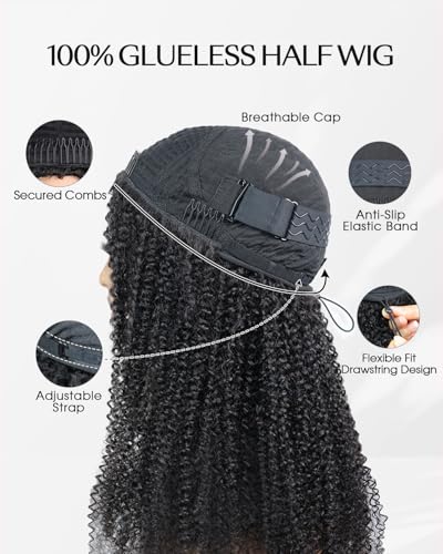 Kinky Curly Half Wig - 200% Density Human Hair, 16 Inch
