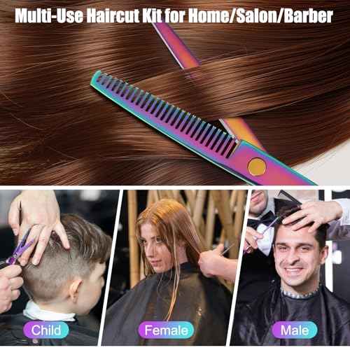 Hair Cutting Scissors Set, Professional Haircut Scissors Kit with Cutting Scissors Thinning Scissors for Barber/Salon/Home/Men/Women/Kids/Adults(Rainbow)