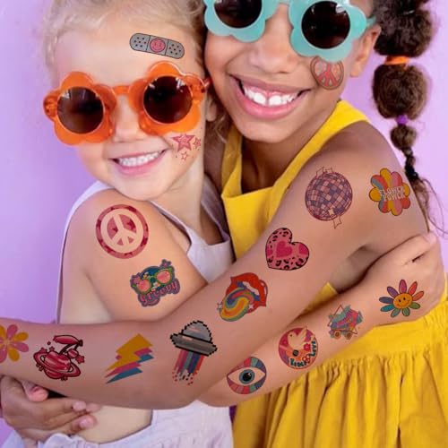 CHARLENT Groovy 70s Glitter Temporary Tattoos for Kids - 74 Designs