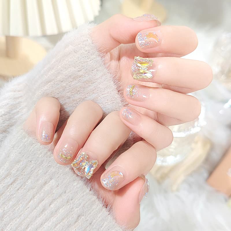 DOUBNINE 24PCS Press on Nails Short Square Nude Pink Rhinestone Butterfly Glitter Glossy Ombre Ballerina Natural Fake Nails Acrylic Full Cover Luxury False Nails for Women