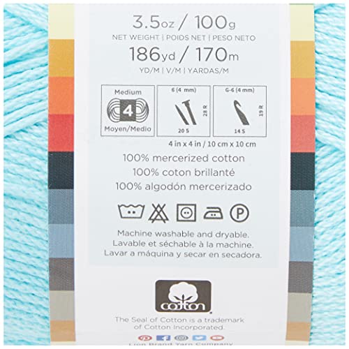 Lion Brand 24/7 Cotton Yarn, Lightweight Yarn for Knitting, Crocheting, and Crafts, Aqua, 1 Pack